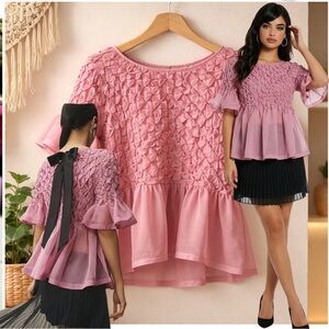 ANTHROPOLOGIE MAUVE Pink Short-Sleeve Rhestone Sheer Baby Doll Blouse Med Lg